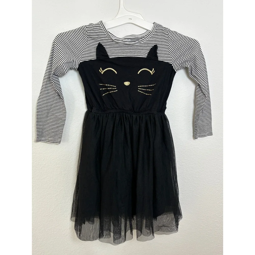 Carters Girls Size 7 Black Striped Cat Tulle Tutu Dress Long Sleeve Gold Whisk
